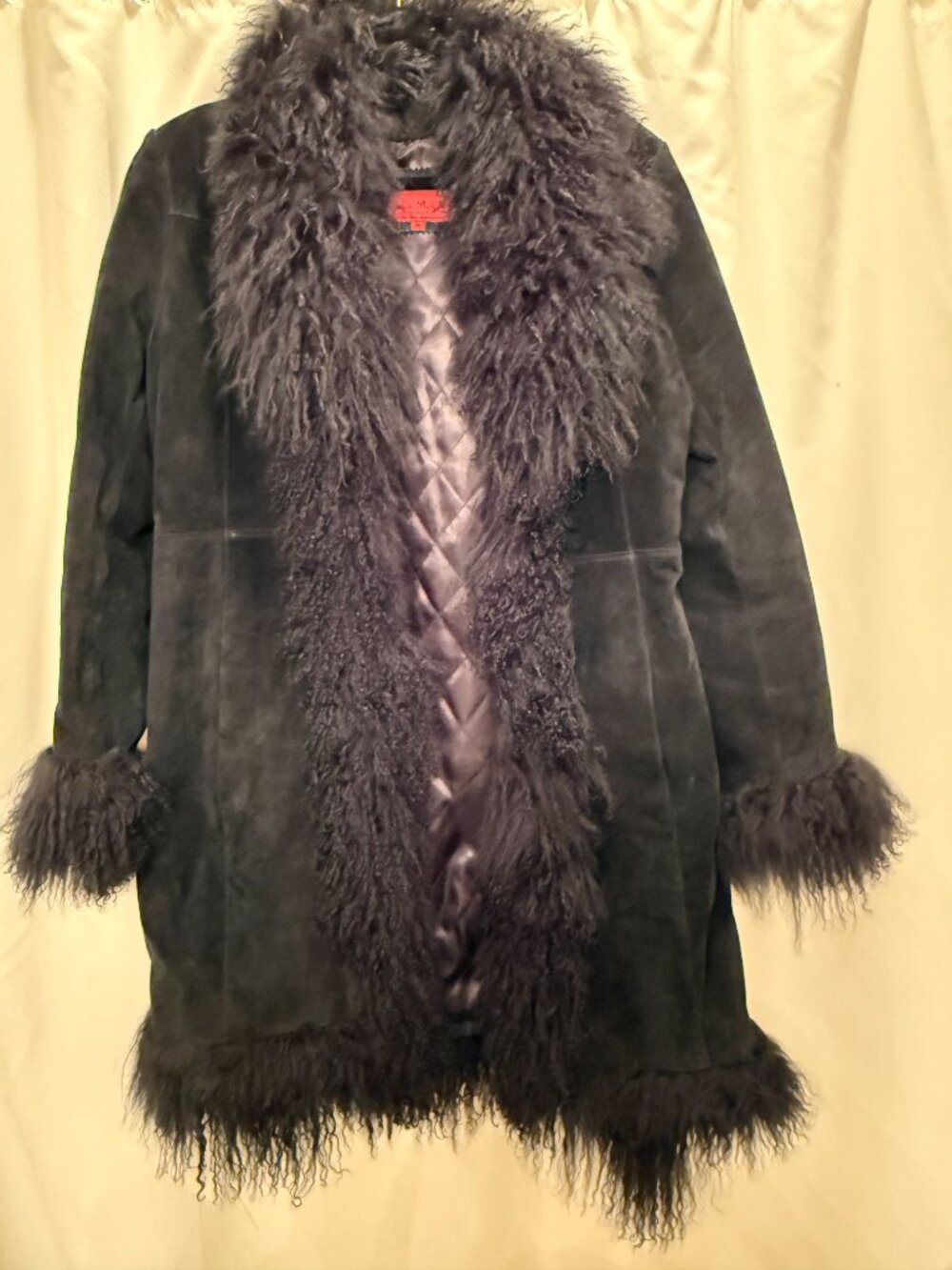 Women's black suede medium weight jacket with fluffy trim - Picture 2 of 9